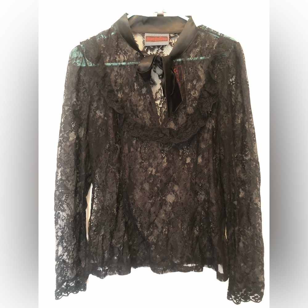 NWT XL Jawbreaker Black Lace Yoke Front Sheer Tie Top Satin Trim